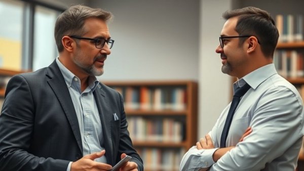 Two professionals discuss AI and Cybersecurity tech jobs in a library.