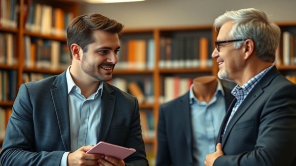 Two men discussing job opportunities in tech in a library