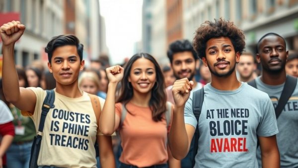 Young adults in protest t-shirts raise fists at rally.