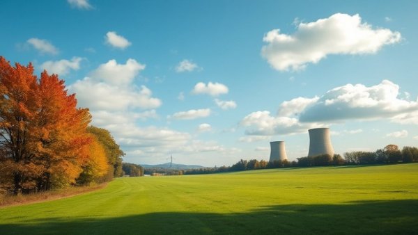Nuclear energy plant with lush green landscape, blue sky