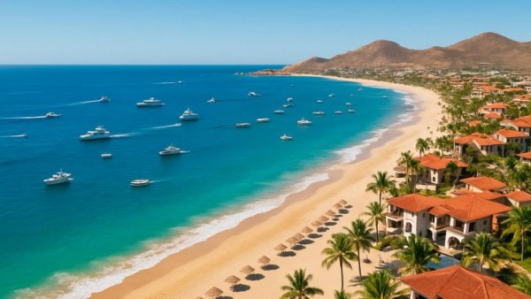 Sunny Los Cabos beach, boats and villas under clear sky, U.S. visits to Los Cabos drop.