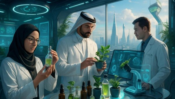 Organic Baby Skincare Market in Saudi Arabia: futuristic lab scene with professionals.