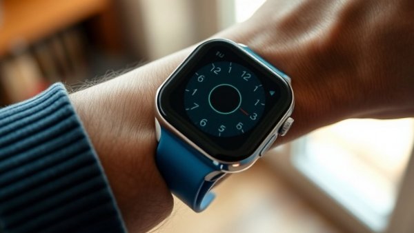 Close-up of smartwatch on wrist displaying an app interface.