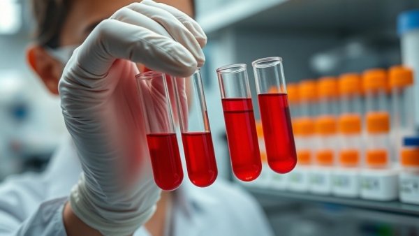 Gloved hand holds test tubes for liquid biopsy cancer detection in lab.