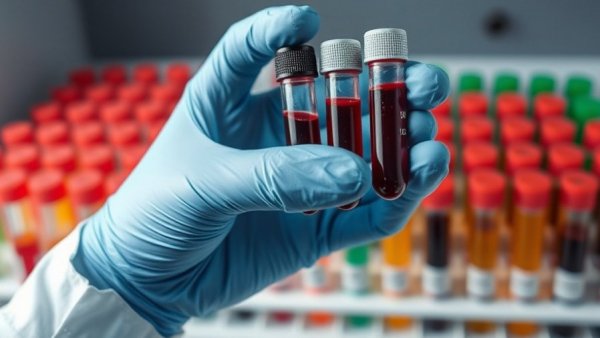 Gloved hand holding test tubes in a lab for liquid biopsies for cancer detection.