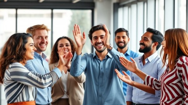 Diverse team high-fiving, showing emotional intelligence in leadership.