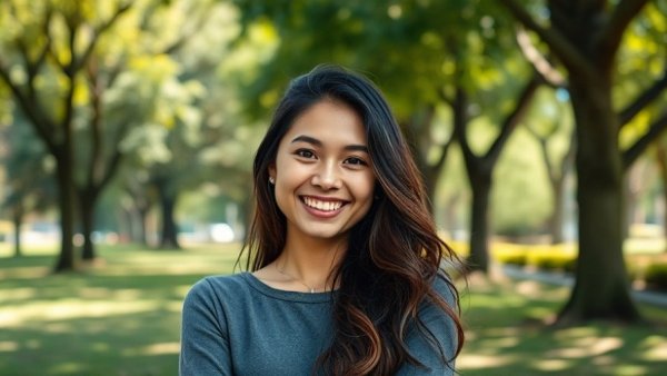 Confident young woman in a park, representing leadership progression.