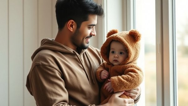 Joseph Kuhn HVAC Technician holding baby in bear outfit by window.