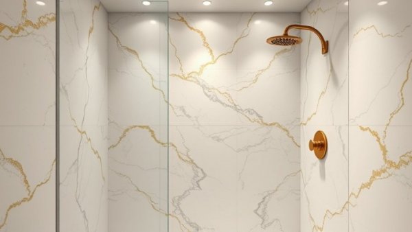 Elegant marble shower with gold veins in a luxury bathroom.