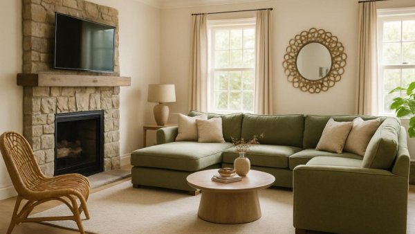 Colorful and comfortable transitional living room with sectional and fireplace.