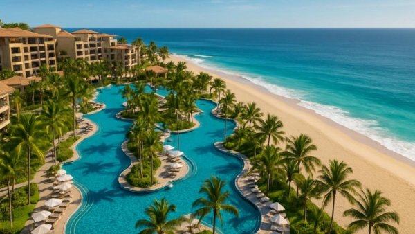 Aerial view luxury resort in Los Cabos with pools and beach.