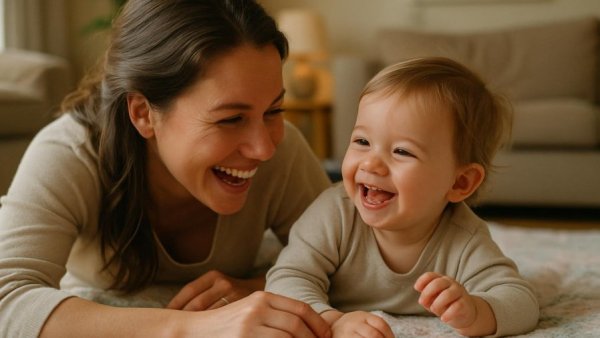 Mother and child bonding playfully with Himalaya Babycare soothing baby powder text.
