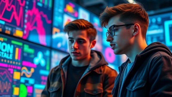 Focused men discussing AI-Personalized Medicine with digital backdrop.
