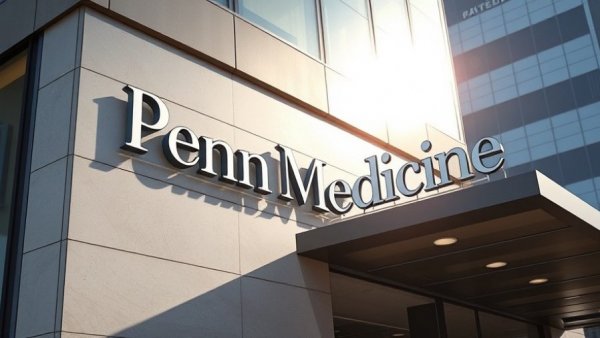 Penn Medicine facade in urban setting illustrating AI in clinical trials.