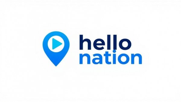 Stylish 'hello nation' logo with play button design.