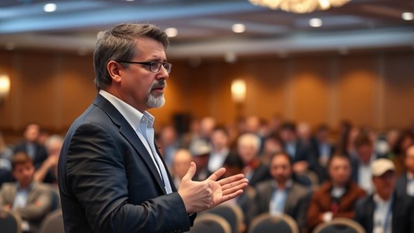 Speaker at conference discussing Midea heat pump innovation.