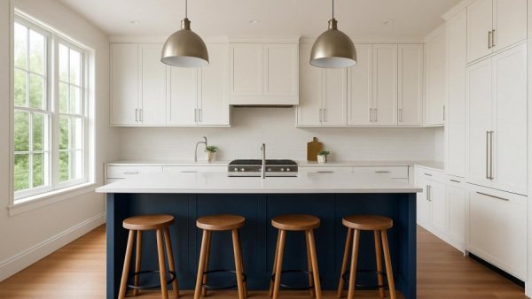 Modern kitchen design with blue island and wooden stools in Houston.