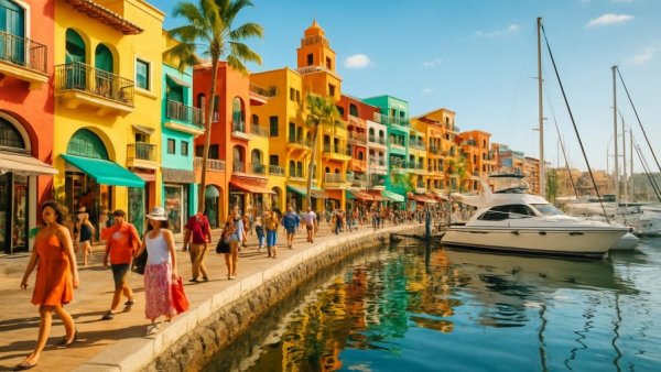 Cabo Marina shopping trends depicted with waterfront and vibrant activity.