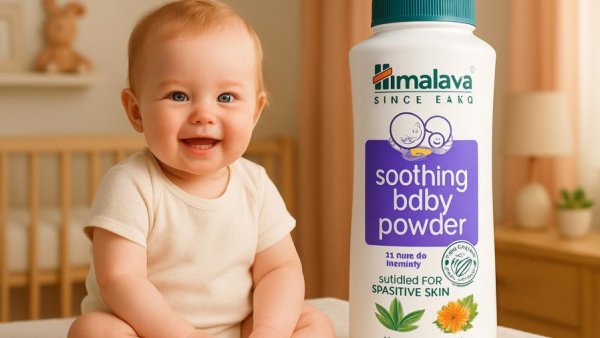Himalaya Soothing Baby Powder ad in cozy nursery setting.