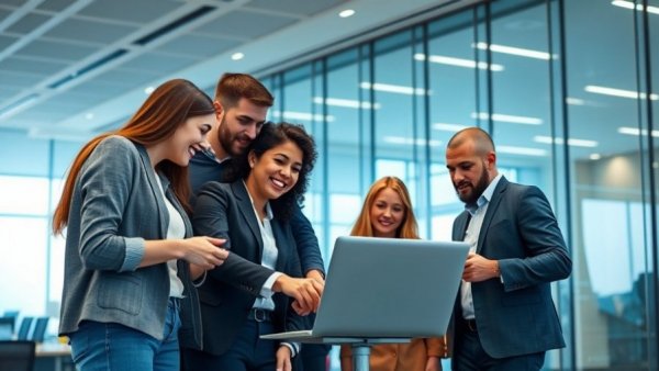 Young professionals collaborating with F&I software in office.