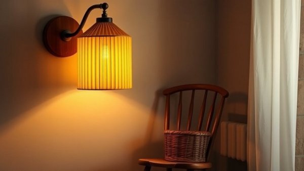 Stylish wooden accordion wall light above chair and basket.