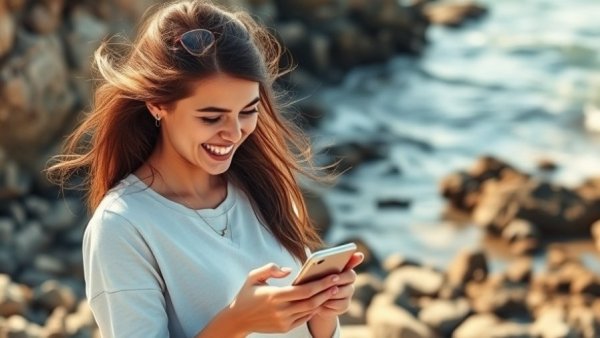 Young woman smiling while using smartphone by the beach, AI Health Advice Trustworthiness