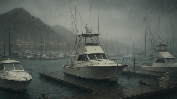 Los Cabos marina with cloudy skies during hurricane season.
