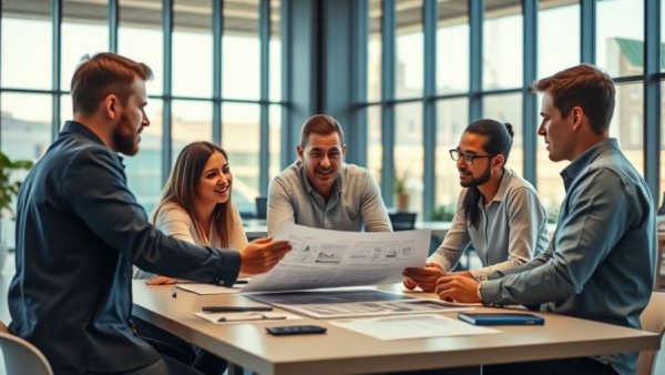 Young professionals collaborating on design plans to attract ideal clients.