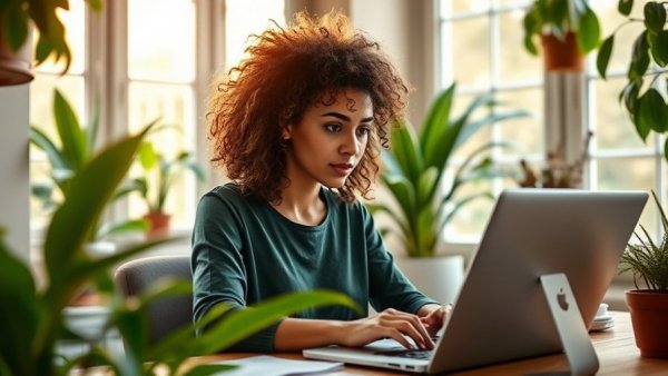 Curly haired woman using laptop, showcasing AI driven discovery in home office.