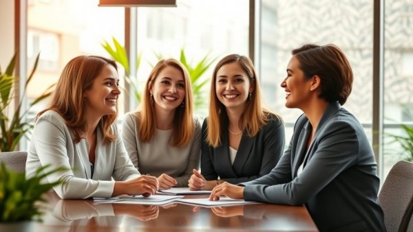 Women discussing design in a bright office, ideal design clients meeting.
