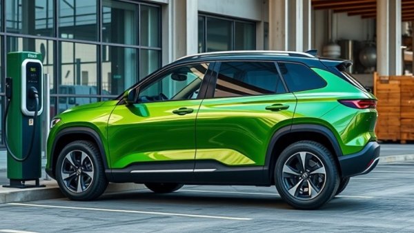 Rivian SUV charging in front of Rivian building, highlighting Rivian Q1 2026 earnings.