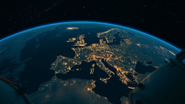 European continent at night from space with city lights and satellite arm.