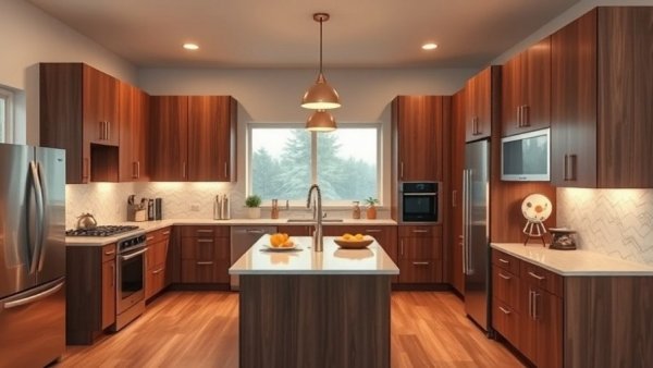 Modern kitchen design trends 2026 with wood features and stainless steel appliances.