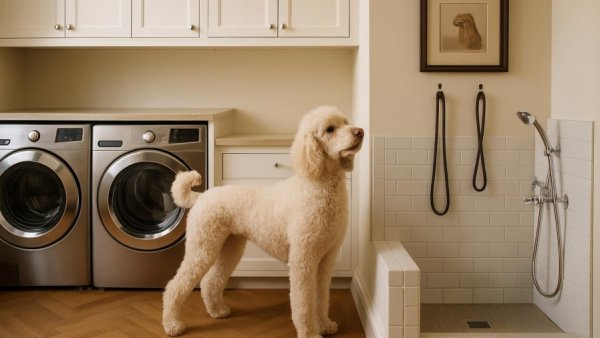 Elegant transitional laundry room with dog wash and poodle