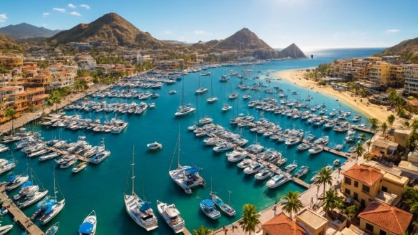 Los Cabos marina vibrant aerial view with boats and beaches.