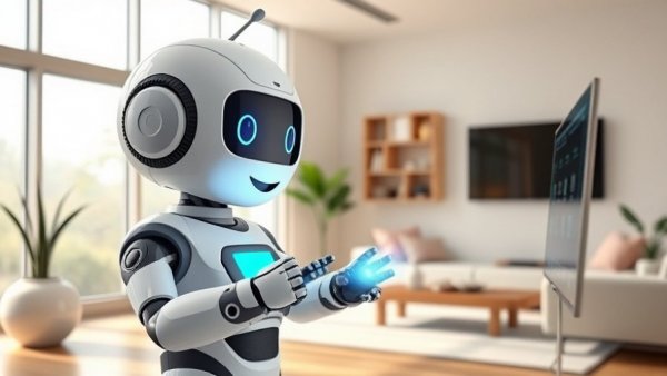 Cute robot managing smart home system risks with AI control.