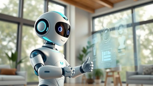 Friendly AI robot controlling home assistant in a modern setting.