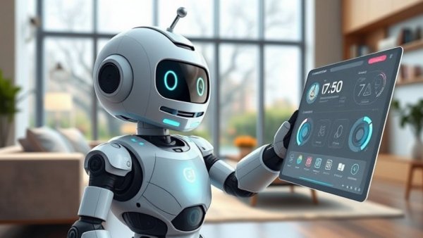 Friendly AI robot interacting with home assistant controls, highlighting total AI control home assistant risks.