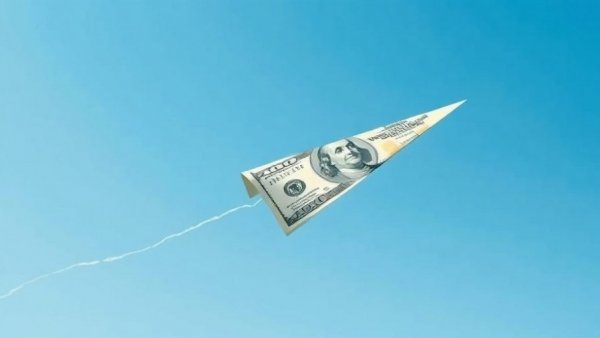 Paper airplane made from money flying in blue sky, representing financial growth.