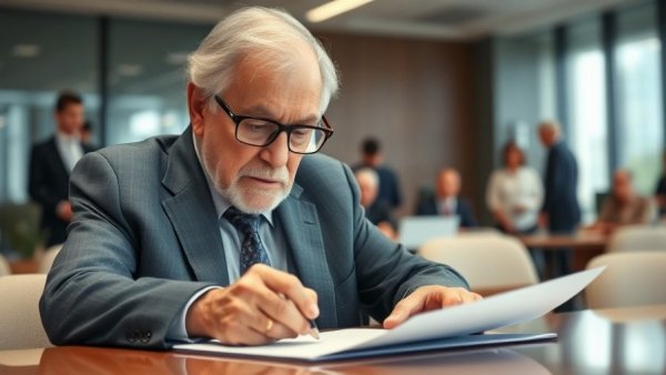 Older man signing document in office setting.