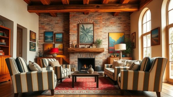 Cozy living room decor with vibrant colors and modern fireplace.