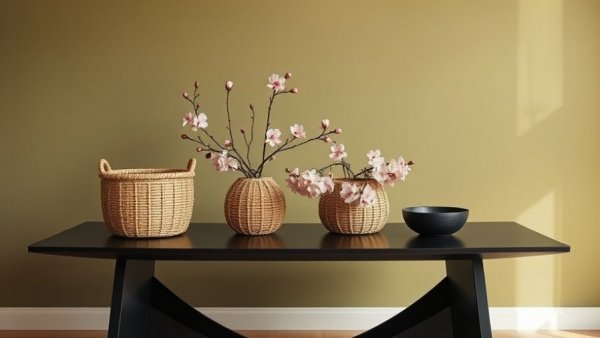 Minimalist inner life home design with black table and woven baskets.