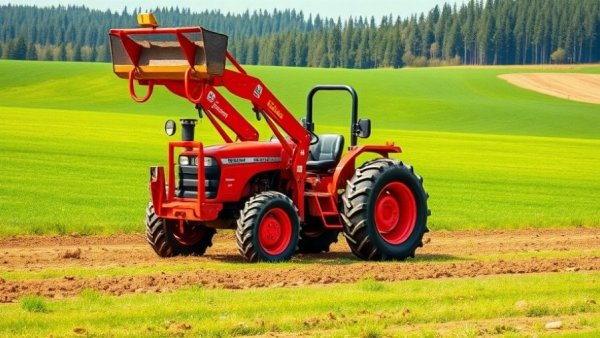 Red tractor with attachment on a green field for backyard tasks.