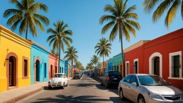 Los Cabos street with colorful buildings and palm trees