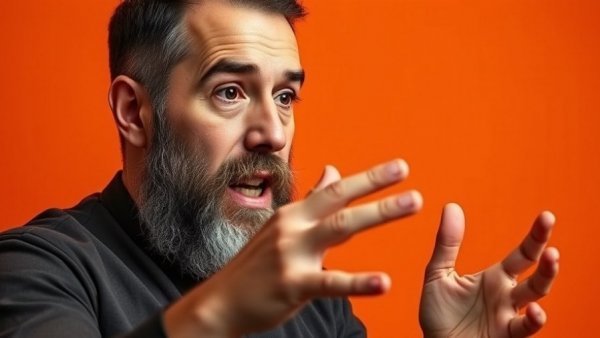 Engaged mature man gesturing against orange background.