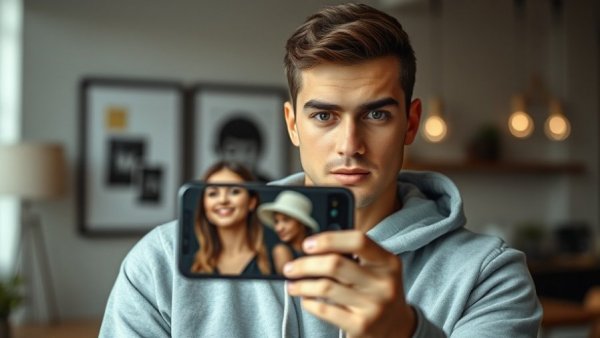 Samsung SAME photo strategy visual with focused man showing a phone.