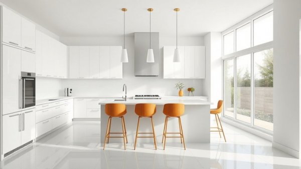 1970s home renovation modern kitchen design with white cabinetry.