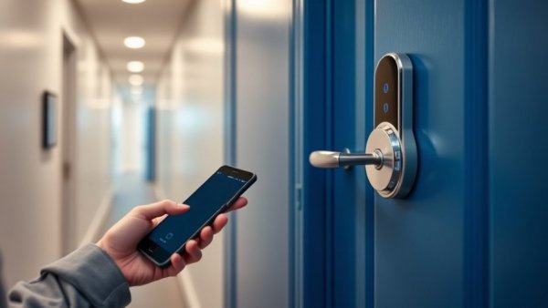 Aqara U400 Smart Lock on blue door with smartphone app.