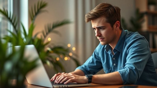 Young man stressed while working on a laptop in a modern home office.