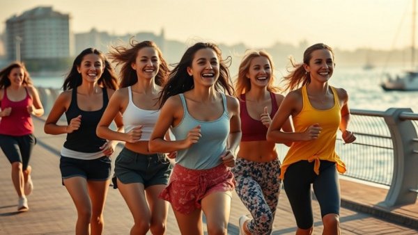 Energetic women jogging on a sunny waterfront, VO2 Max and Dementia Risk Reduction.